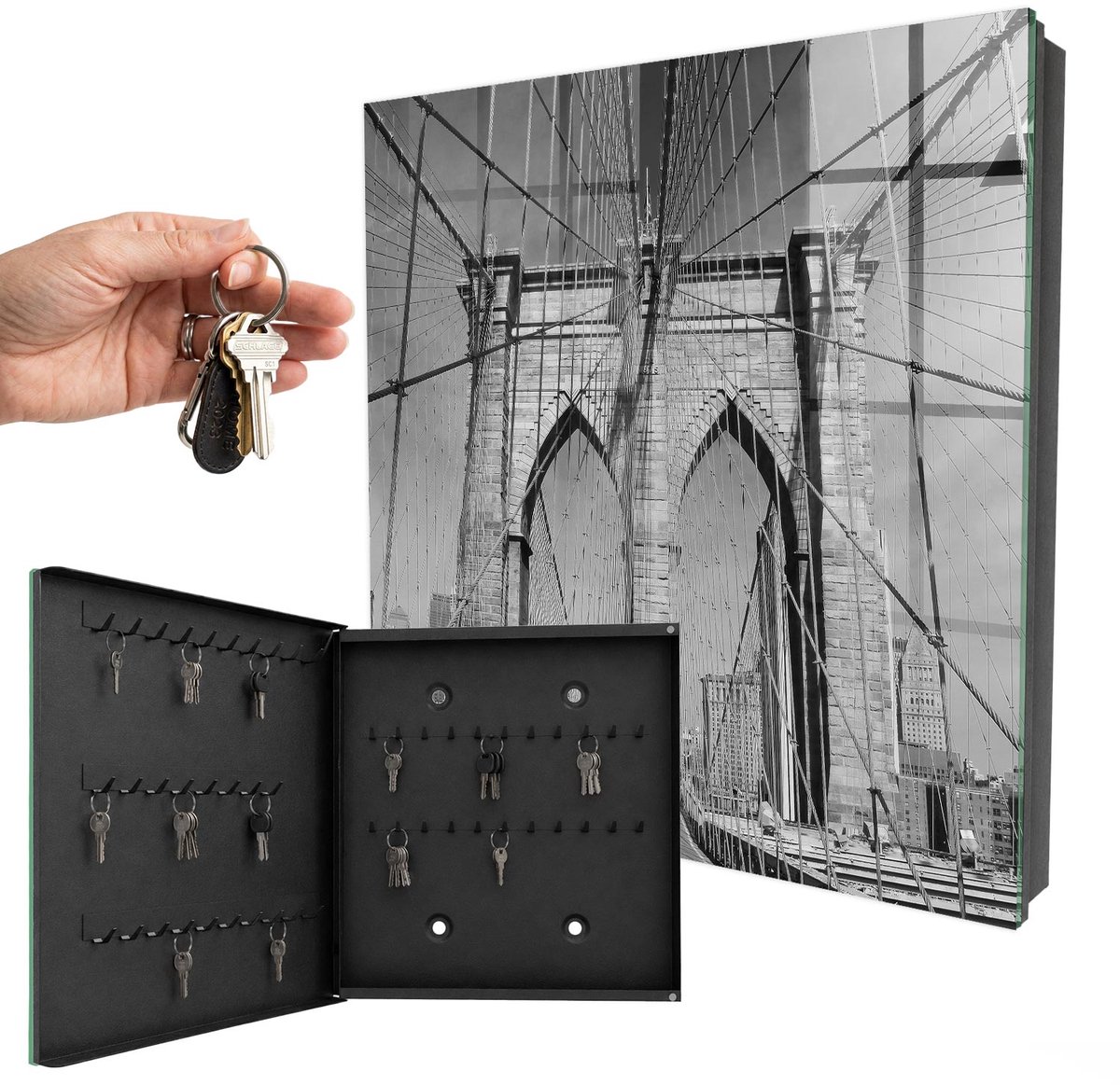 WallMuralia - Sleutelkast - 30x30x5 cm - met 50 haken - Iconische Brug Groot Sleutelkastje - Zwart-Wit Sleutelbox - Linksopenend - Zwart interieur