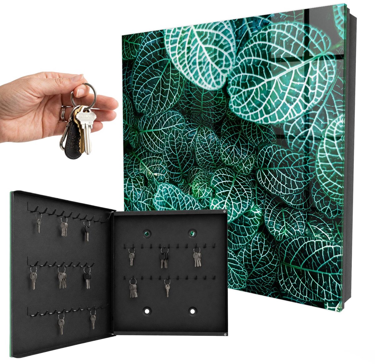 WallMuralia - Sleutelkast - 30x30x5 cm - met 50 haken - Groene Patronen Sleutelkastje - Groente Sleutelbox - Linksopenend - Zwart interieur