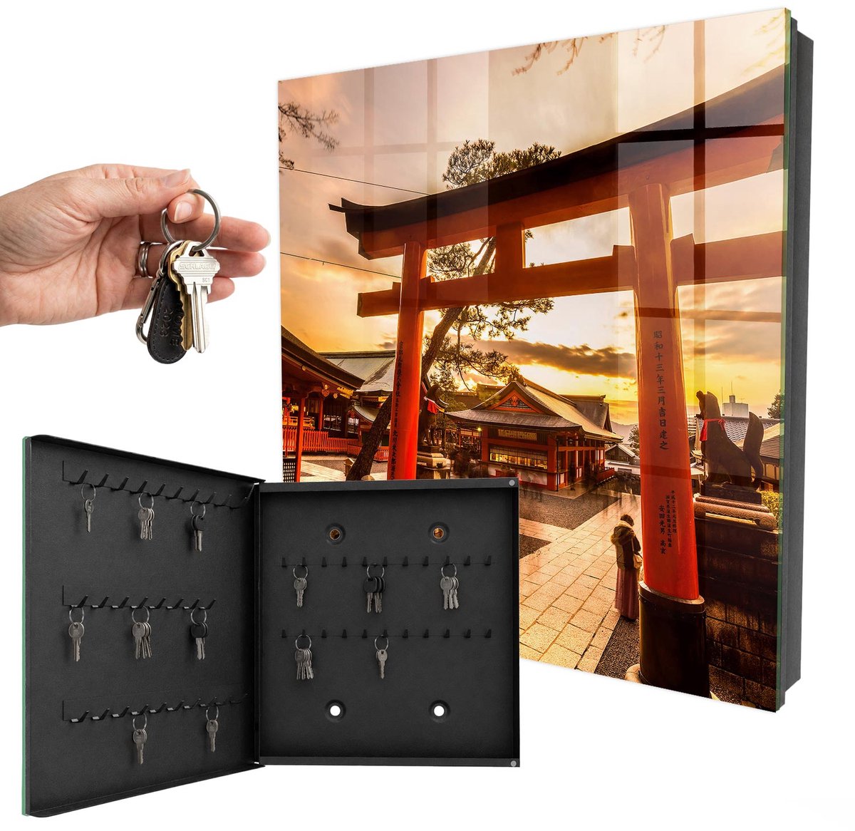 WallMuralia - Sleutelkast - 30x30x5 cm - met 50 haken - Japanse Poort Sleutelkastje Design - Oranje Sleutelbox - Linksopenend - Zwart interieur