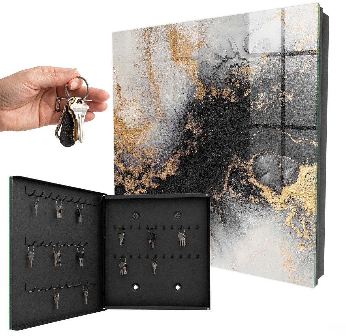 WallMuralia - Sleutelkast - 30x30x5 cm - met 50 haken - Zwarte Elegantie Sleutelkastje Voor Binnen - Zwart Sleutelbox - Linksopenend - Zwart interieur