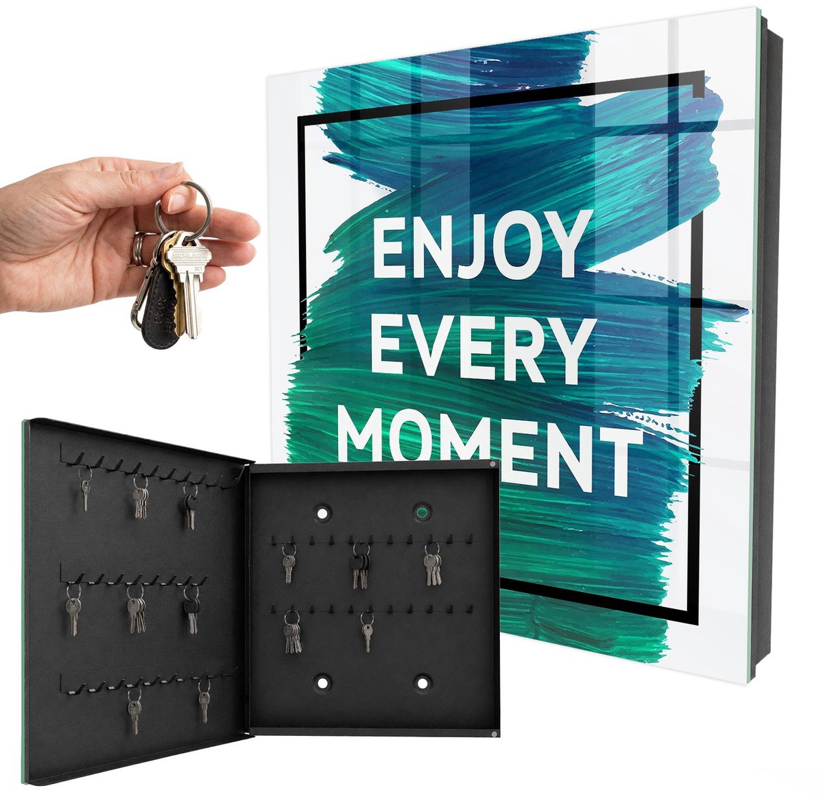 WallMuralia - Sleutelkast - 30x30x5 cm - met 50 haken - Dagelijkse Inspiratie Sleutelkastje Binnen - Blauw Sleutelbox - Linksopenend - Zwart interieur