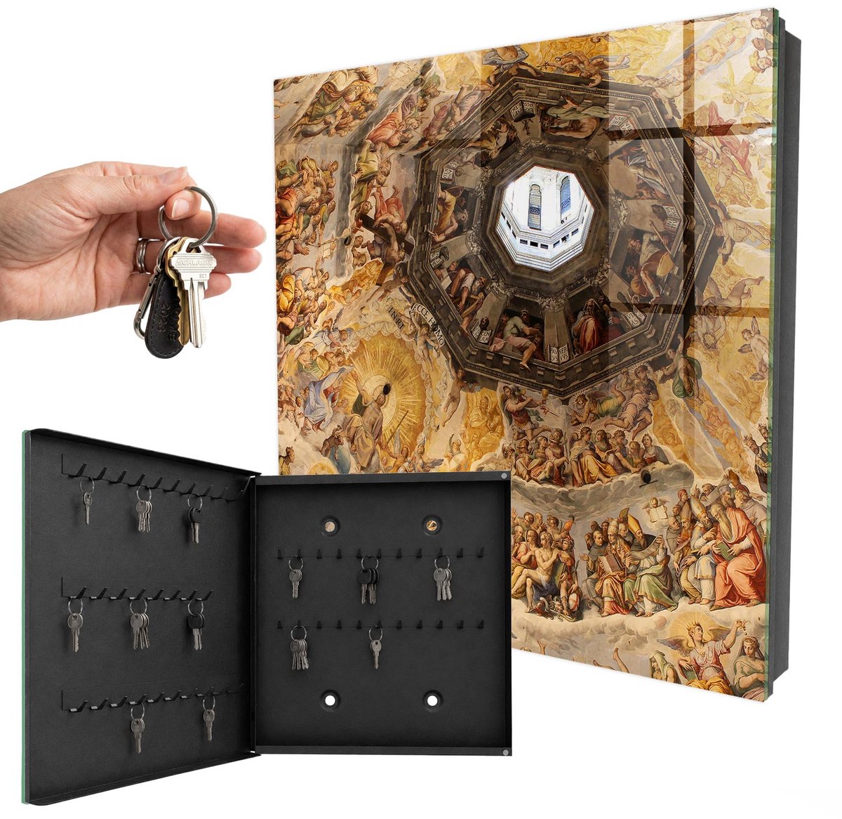 WallMuralia - Sleutelkast - 30x30x5 cm - met 50 haken - Religieuze Fresco'S Sleutelkastje Muur - Geel Sleutelbox - Linksopenend - Zwart interieur
