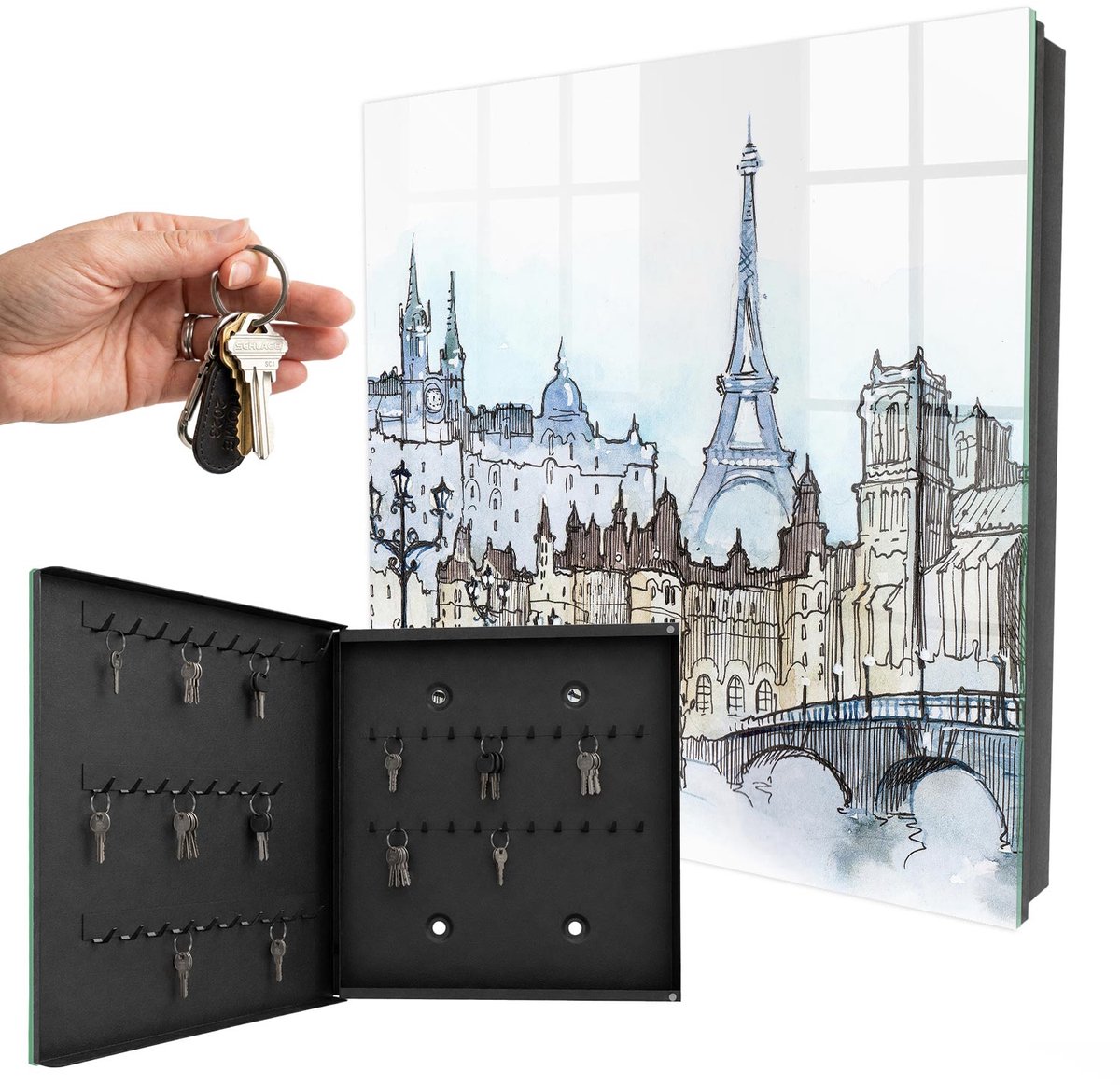 WallMuralia - Sleutelkast - 30x30x5 cm - met 50 haken - Sterke Toren Sleutelkastje Landelijk - Blauw Sleutelbox - Linksopenend - Zwart interieur