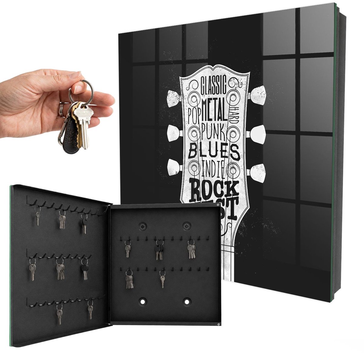 WallMuralia - Sleutelkast - 30x30x5 cm - met 50 haken - Rockfestival Sleutelkastje Klein - Zwart Sleutelbox - Linksopenend - Zwart interieur