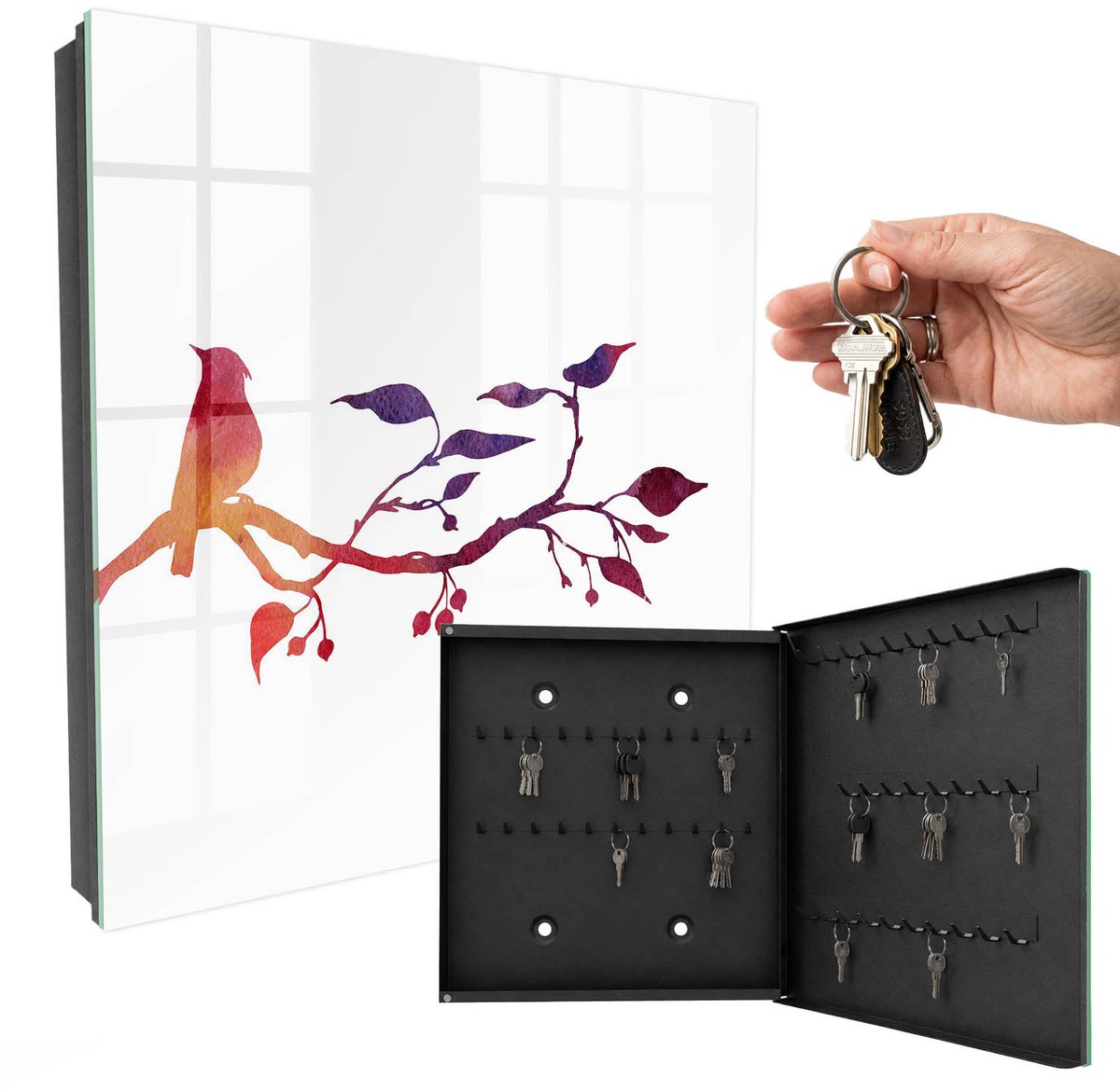WallMuralia - Sleutelkast - 30x30x5 cm - met 50 haken - Een Tak Met Een Vogel Sleutelkastje Klein - Rood Sleutelbox - Rechtsopenend - Zwart interieur
