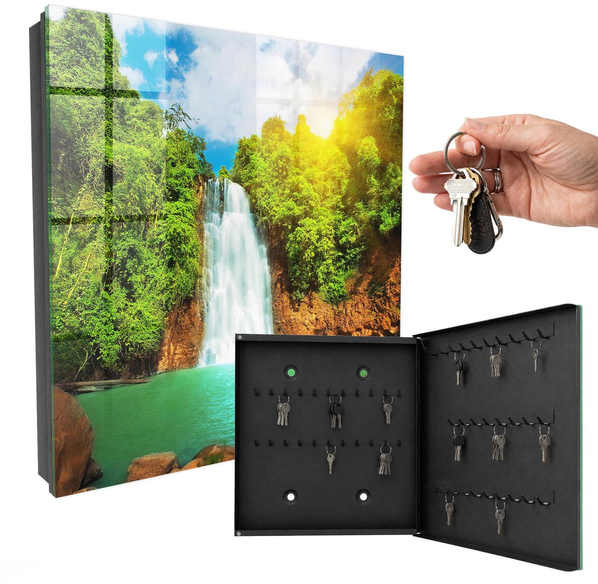 WallMuralia - Sleutelkast - 30x30x5 cm - met 50 haken - Tropische Waterval Leuk Sleutelkastje - Groente Sleutelbox - Rechtsopenend - Zwart interieur