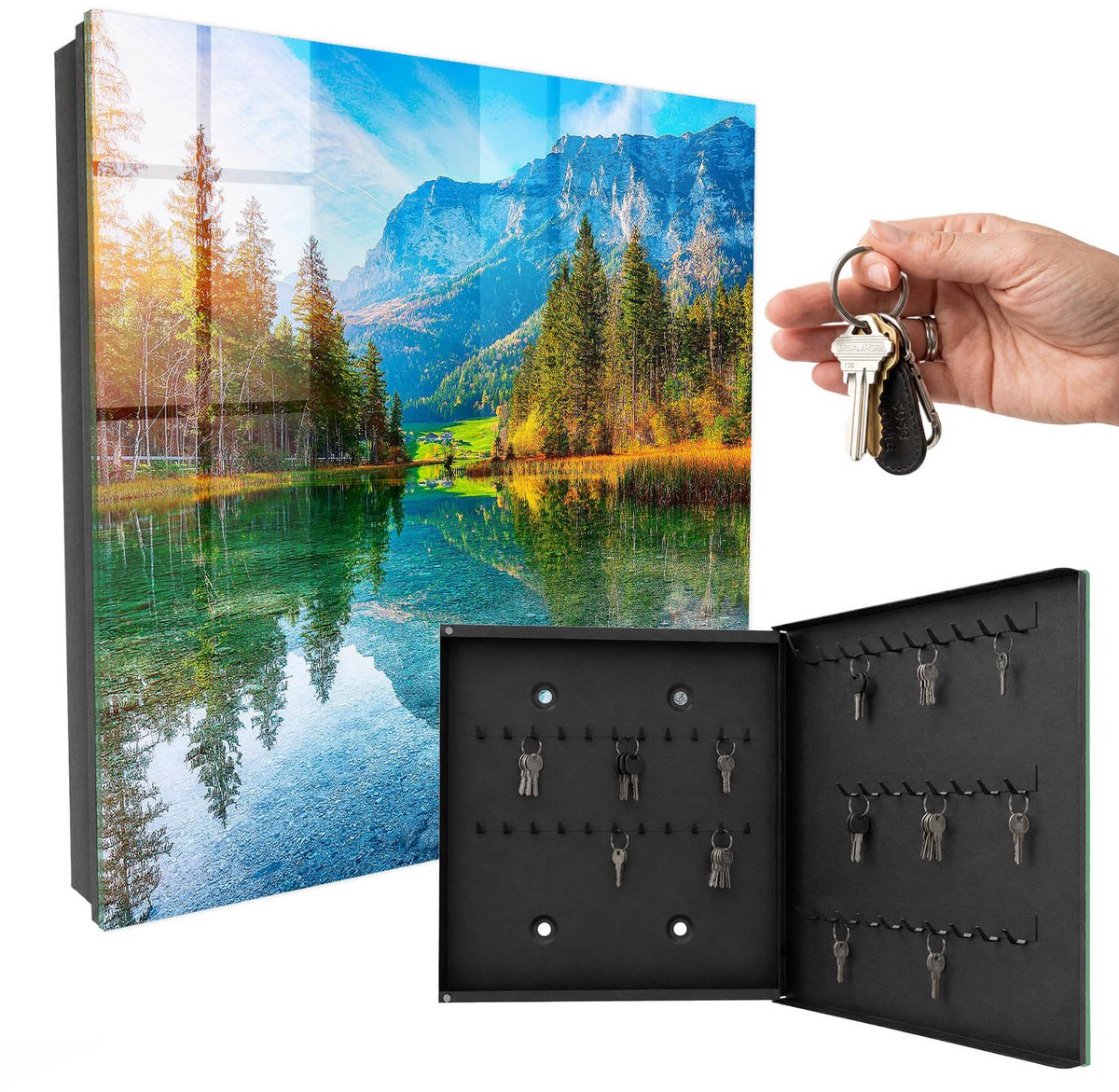 WallMuralia - Sleutelkast - 30x30x5 cm - met 50 haken - Berglandschap Sleutelkastje Huis - Groente Sleutelbox - Rechtsopenend - Zwart interieur