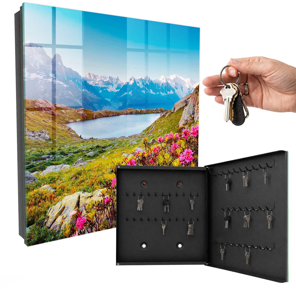 WallMuralia - Sleutelkast - 30x30x5 cm - met 50 haken - Berglandschap Sleutelkastje Voor Binnen - Blauw Sleutelbox - Rechtsopenend - Zwart interieur