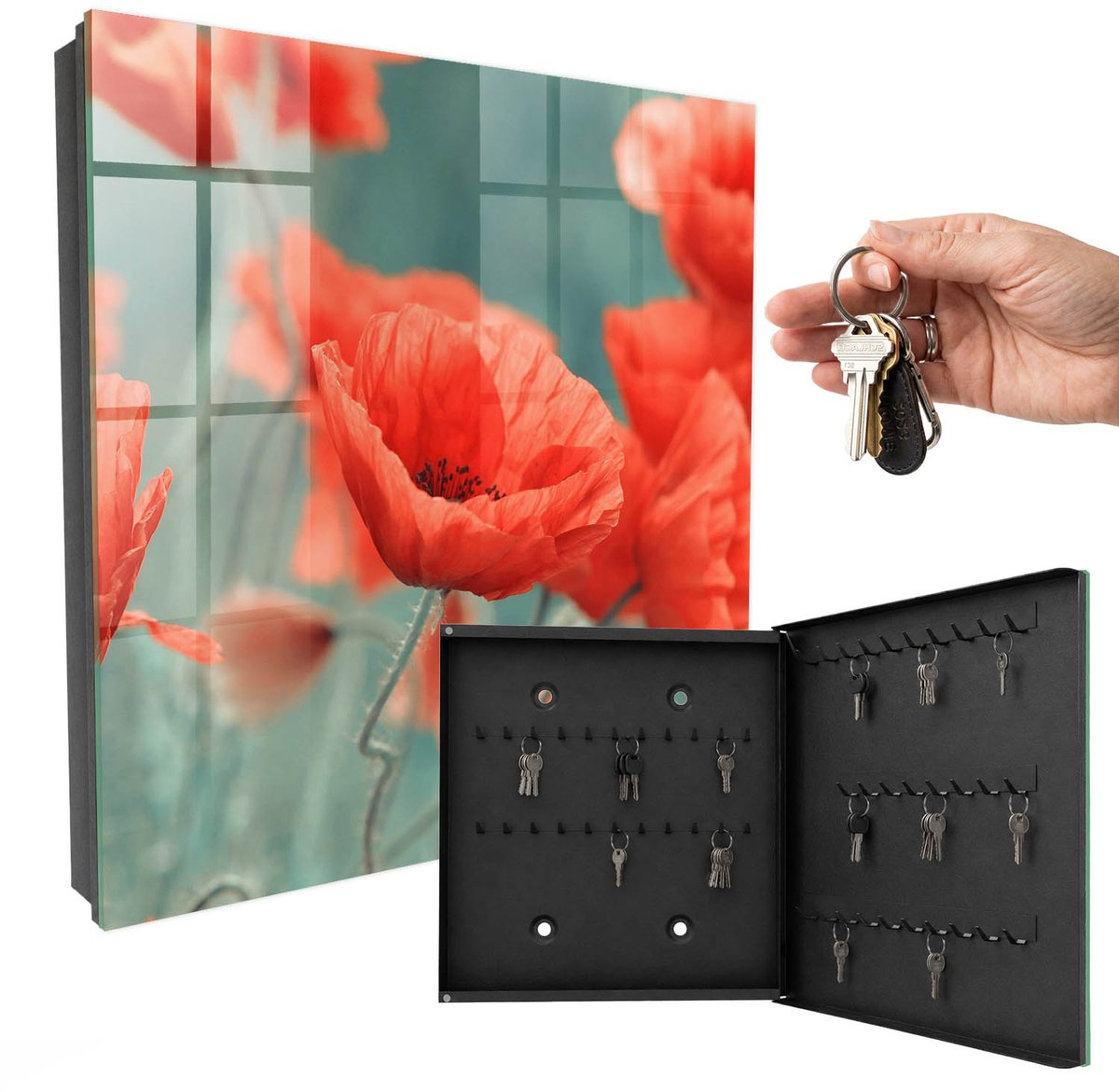 WallMuralia - Sleutelkast - 30x30x5 cm - met 50 haken - Rode Klaprozen Design Sleutelkastje - Rood Sleutelbox - Rechtsopenend - Zwart interieur