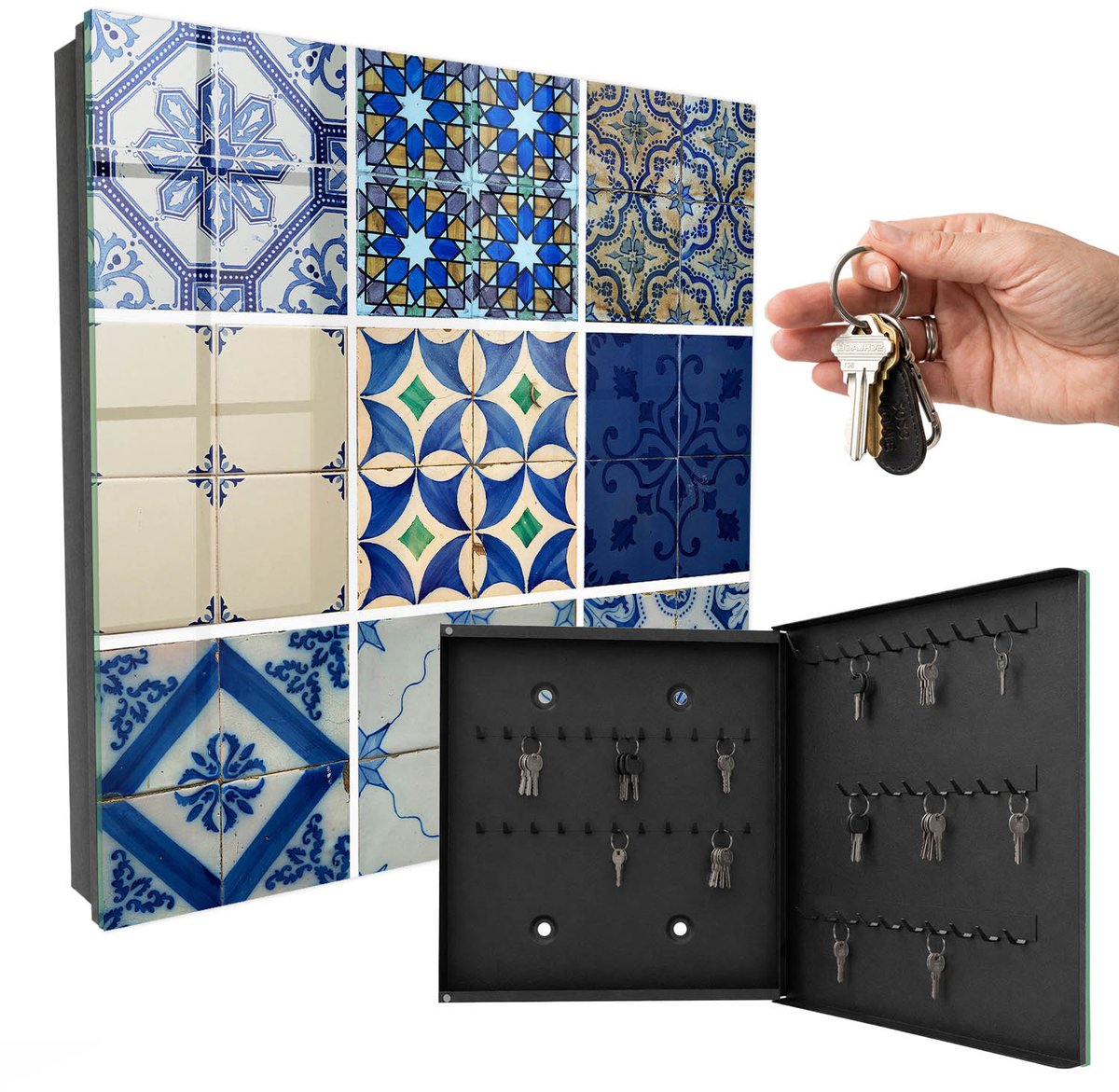 WallMuralia - Sleutelkast - 30x30x5 cm - met 50 haken - Azulejos-Tegels Sleutelkastje Modern - Blauw Sleutelbox - Rechtsopenend - Zwart interieur