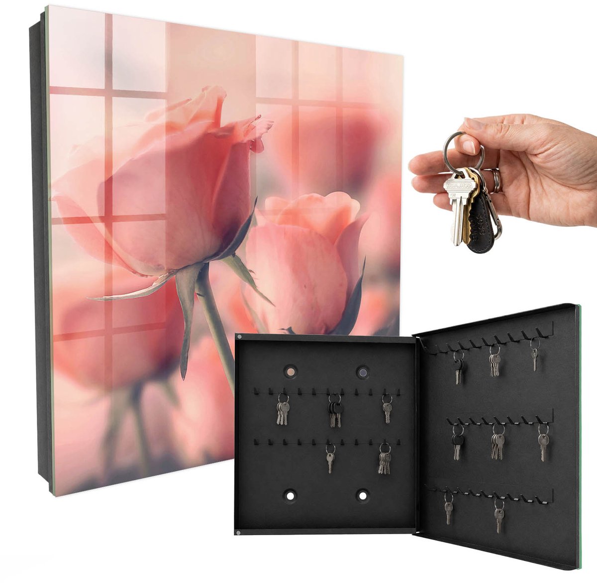 WallMuralia - Sleutelkast - 30x30x5 cm - met 50 haken - Tere Bloemen Sleutelkastje Muur - Roze Sleutelbox - Rechtsopenend - Zwart interieur