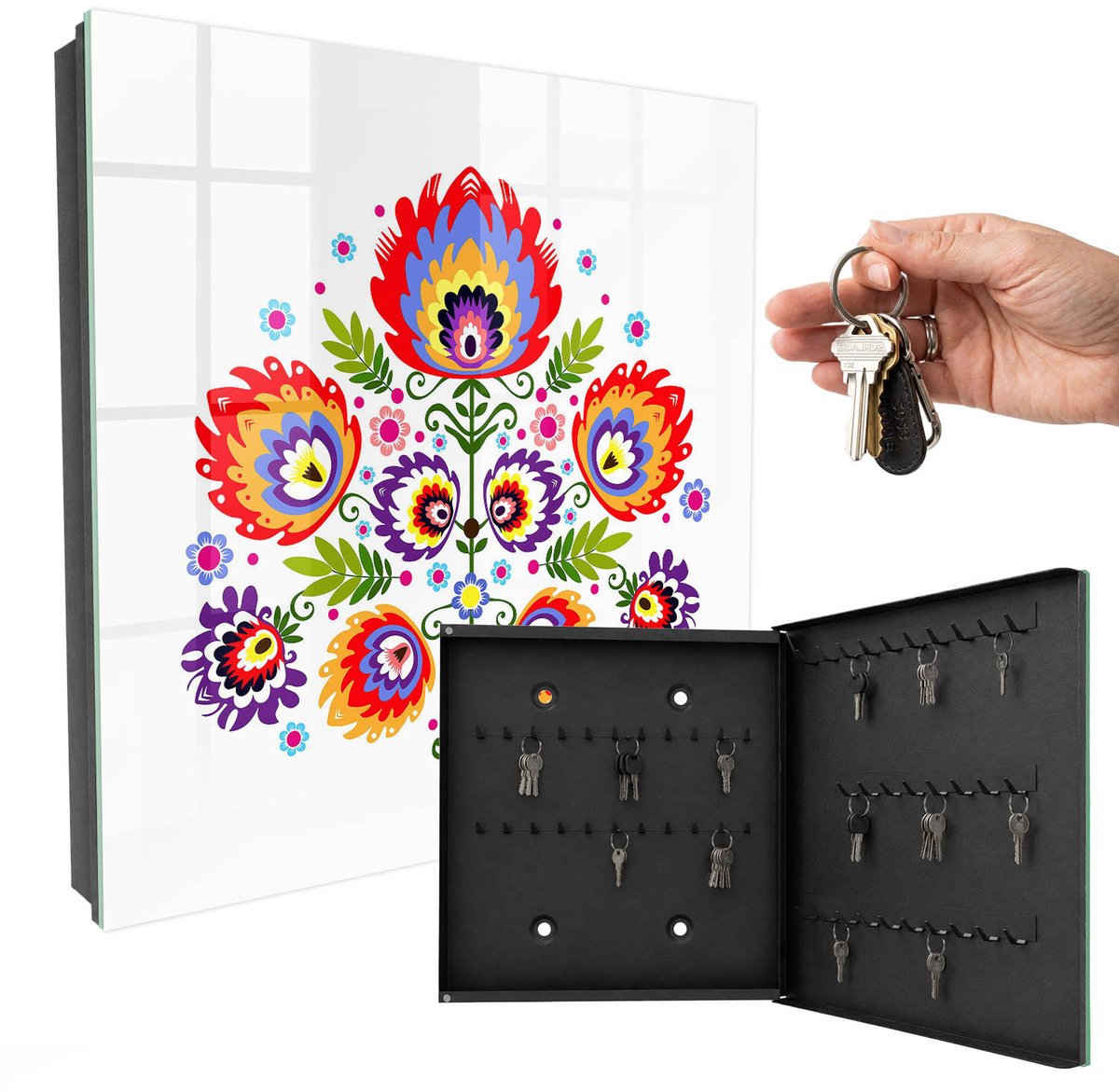 WallMuralia - Sleutelkast - 30x30x5 cm - met 50 haken - Volksbloemen Sleutelkastje Industrieel - Rood Sleutelbox - Rechtsopenend - Zwart interieur