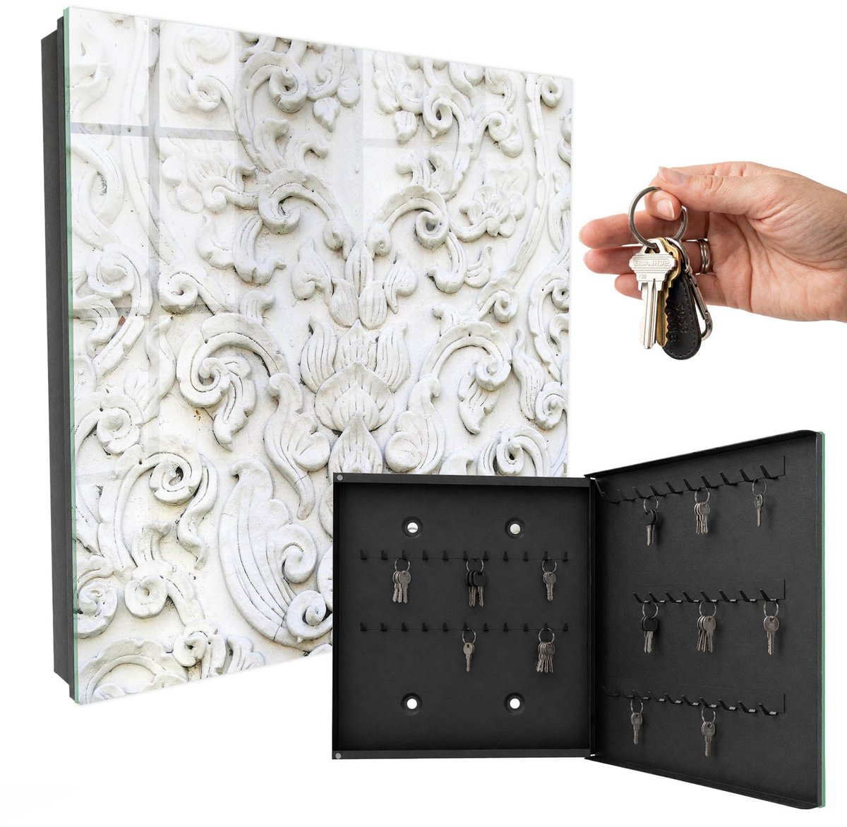 WallMuralia - Sleutelkast - 30x30x5 cm - met 50 haken - Witte Ornamenten Sleutelkastje Muur - Wit Sleutelbox - Rechtsopenend - Zwart interieur