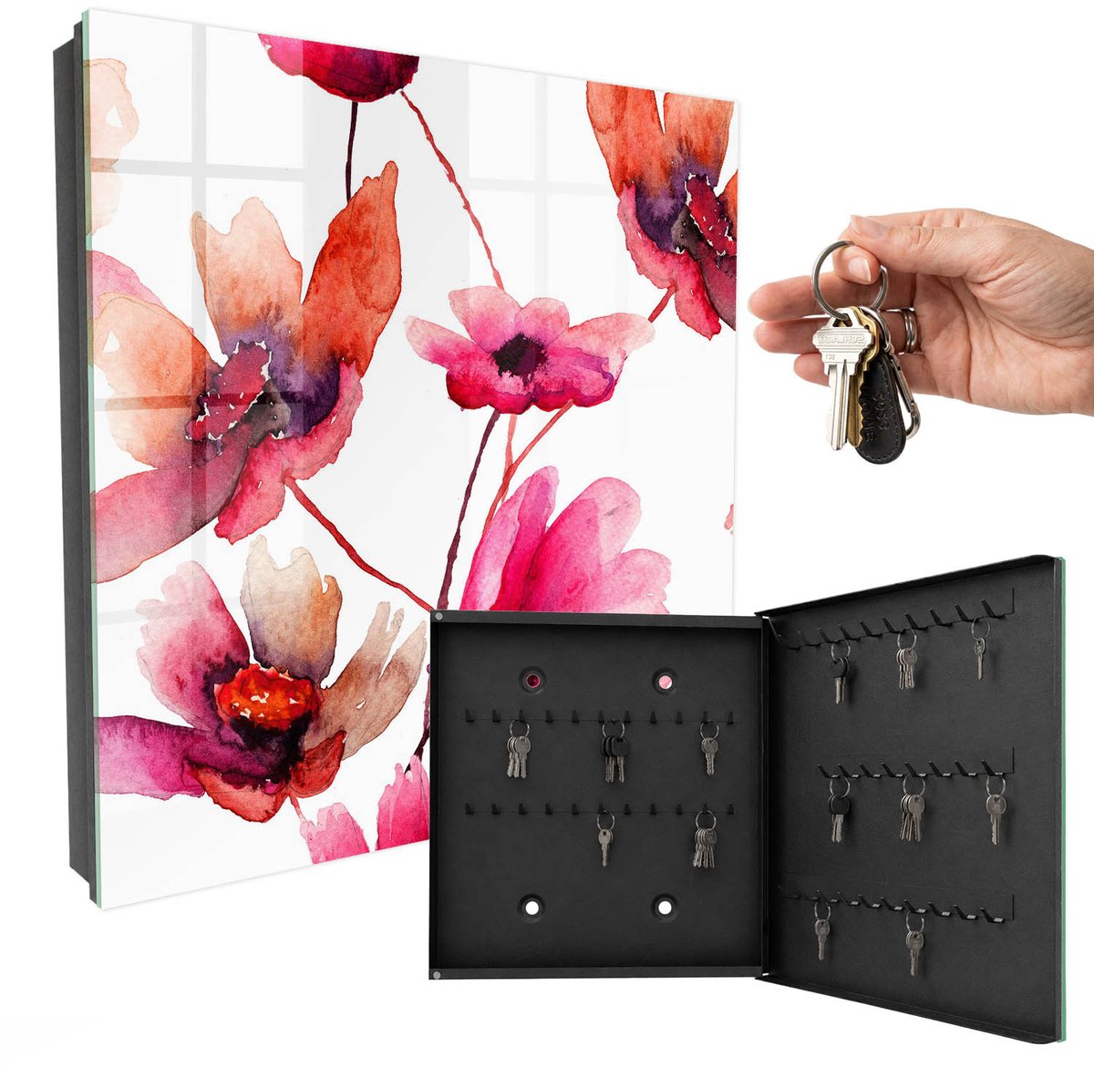 WallMuralia - Sleutelkast - 30x30x5 cm - met 50 haken - Aquarel Bloemen Sleutelkastje Binnen - Rood Sleutelbox - Rechtsopenend - Zwart interieur