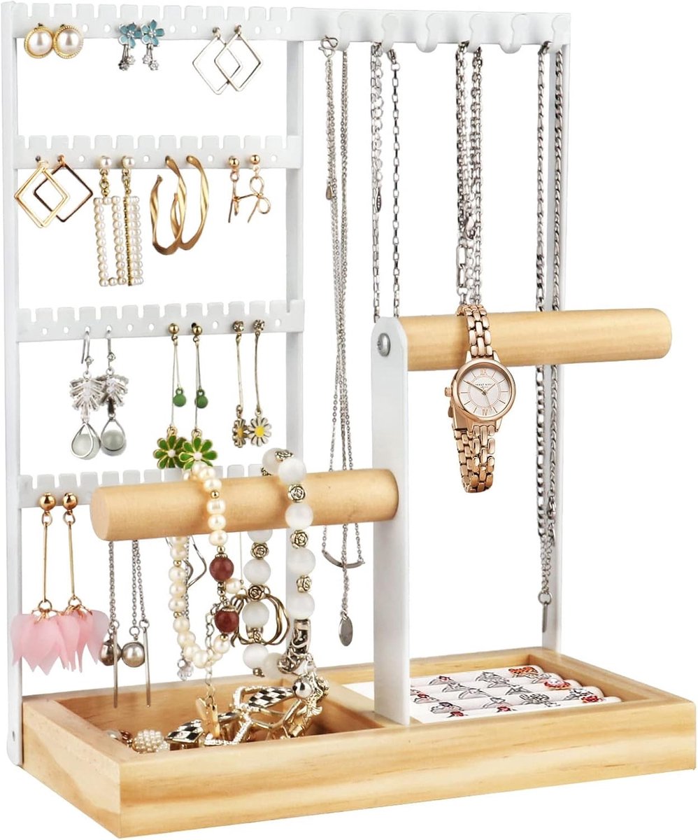 Multilaags sieradenhouder voor kettingen, oorbellen, ringen, armbanden en horloges - Organiseer je accessoires eenvoudig en stijlvol (wit)