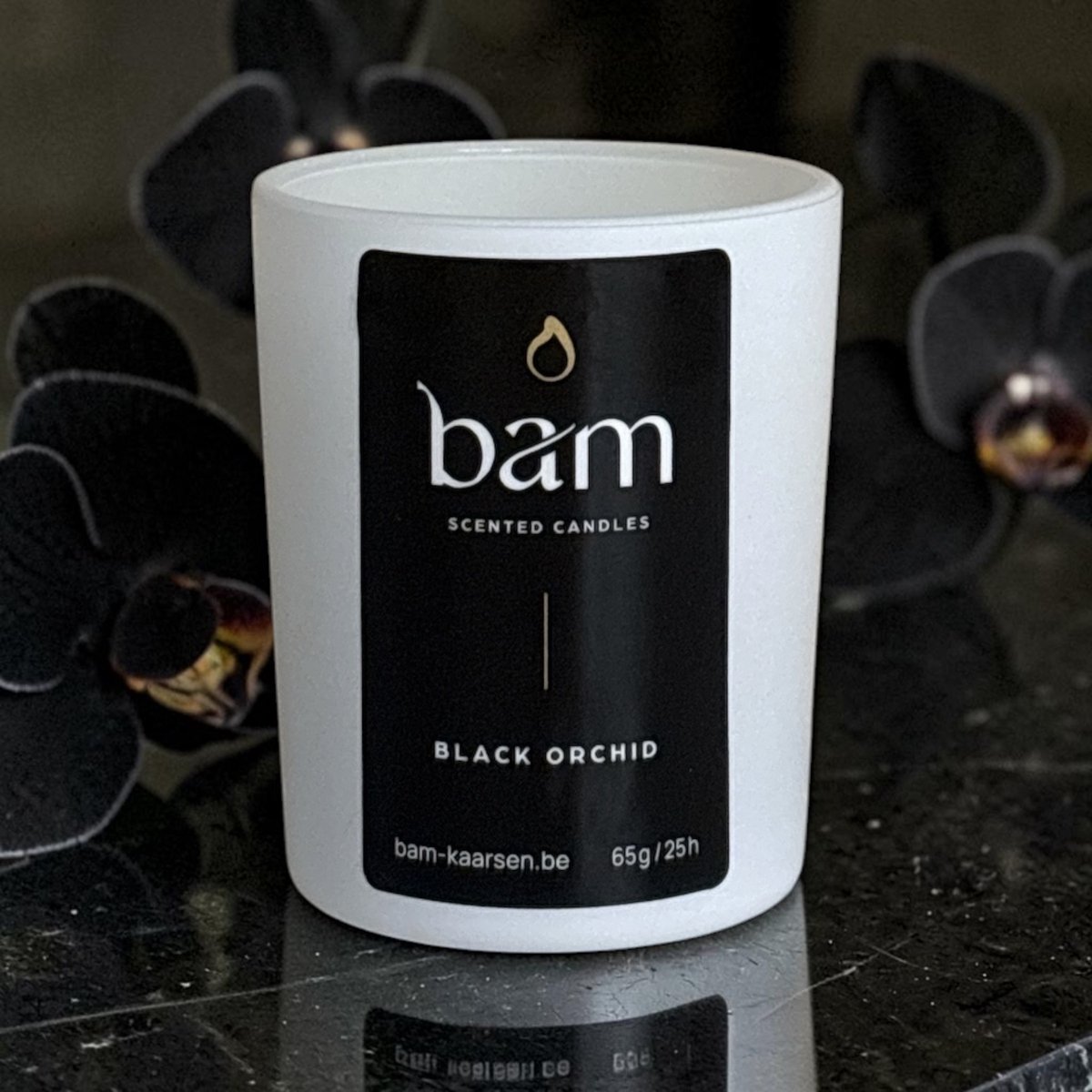 Bam Mini Zwarte Orchidee Geurkaars – Black Orchid Kaars met Houten Wiek – Vegan Geurkaars van Zonnebloemwas – 25 Branduren – Handgemaakt in België wit