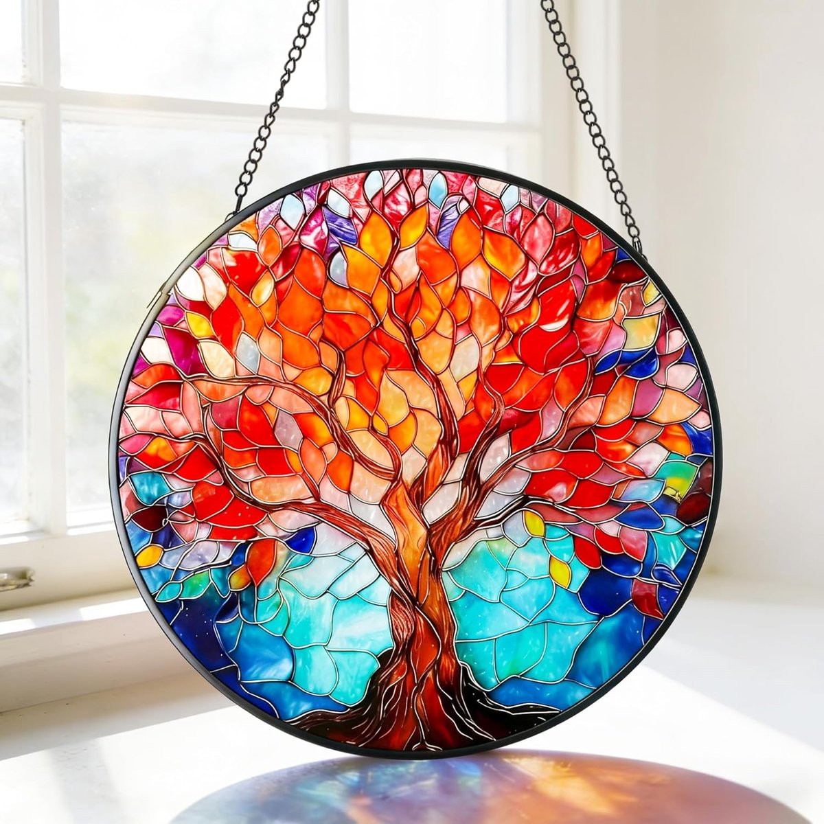 raamdecoratie, hangend, kleurrijke levensboom, zonnevanger, knutselen, gekleurd glas, woondecoratie, decoratie, woonkamer, cadeaus voor vrouwen, mannen, mama, 20 x 20 cm