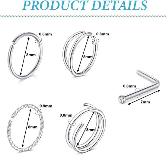 Neuspiercing, ring, dun, chirurgisch staal, spiraal, L, rechte — afbeelding 3
