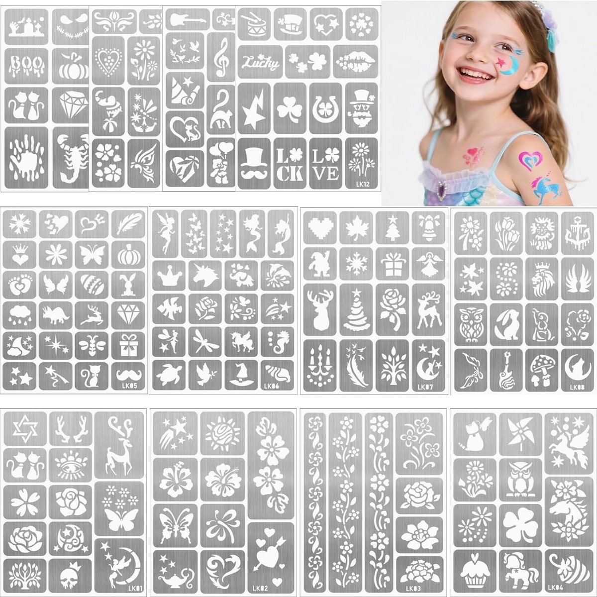 12 vellen schildersjablonenset voor gezicht en lichaam, herbruikbare tijdelijke tattoo-sjablonen, tattoo-tempelstickers voor gezicht, hand, voet, vingers