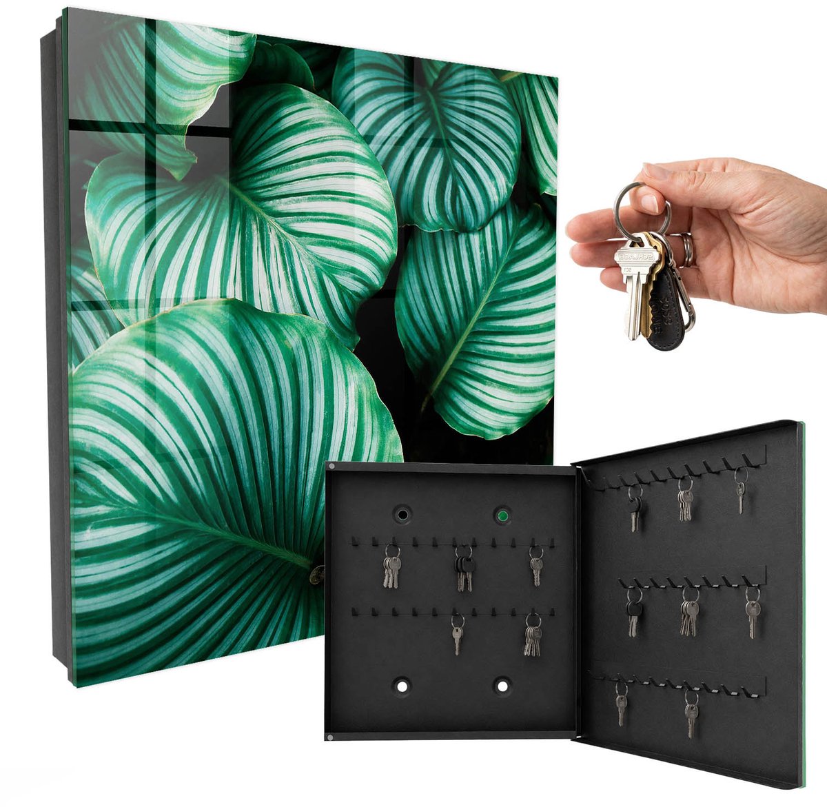 WallMuralia - Sleutelkast - 30x30x5 cm - met 50 haken - Groene Bladeren Groot Sleutelkastje - Groente Sleutelbox - Rechtsopenend - Zwart interieur