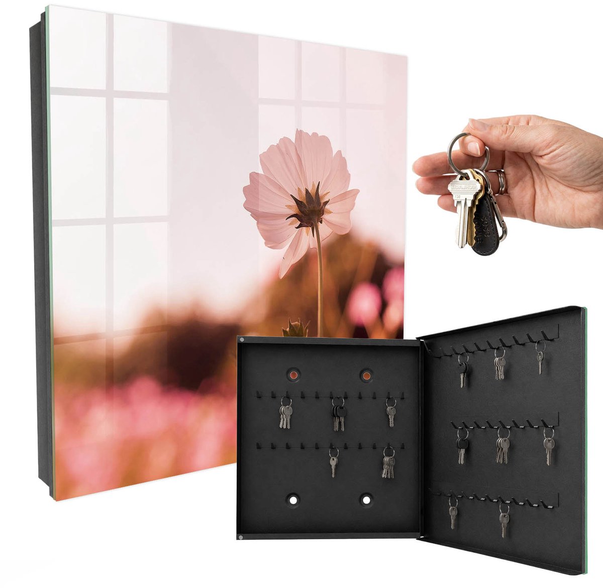 WallMuralia - Sleutelkast - 30x30x5 cm - met 50 haken - Bloemige Elegantie Sleutelkastje Muur - Roze Sleutelbox - Rechtsopenend - Zwart interieur