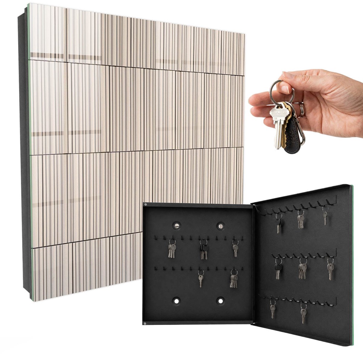 WallMuralia - Sleutelkast - 30x30x5 cm - met 50 haken - Minimalisme Van Lijnen Sleutelkastje Klein - Beige Sleutelbox - Rechtsopenend - Zwart interieur