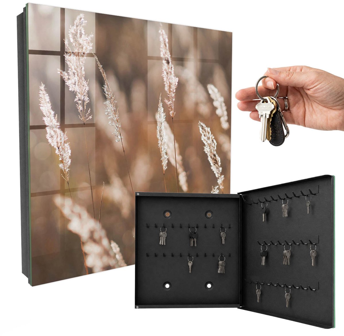 WallMuralia - Sleutelkast - 30x30x5 cm - met 50 haken - Grassen In De Weide Sleutelkastje Hal - Beige Sleutelbox - Rechtsopenend - Zwart interieur