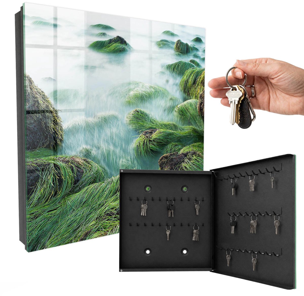 WallMuralia - Sleutelkast - 30x30x5 cm - met 50 haken - Groene Golven Sleutelkastje Gang - Groente Sleutelbox - Rechtsopenend - Zwart interieur
