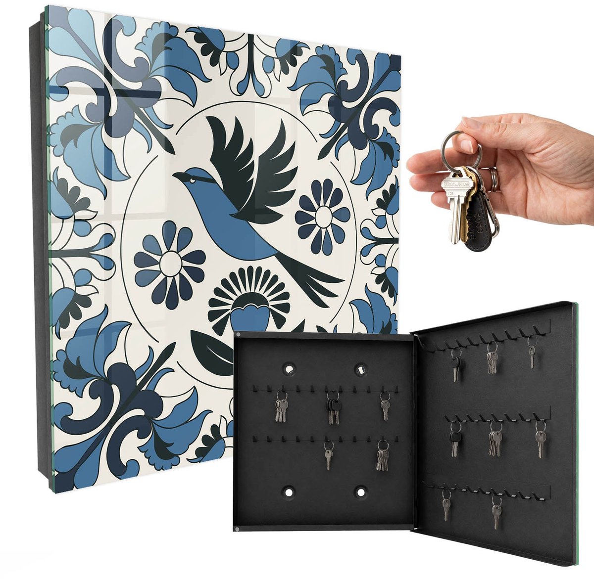 WallMuralia - Sleutelkast - 30x30x5 cm - met 50 haken - Blauwe Vogel Sleutelkastje Klein - Blauw Sleutelbox - Rechtsopenend - Zwart interieur