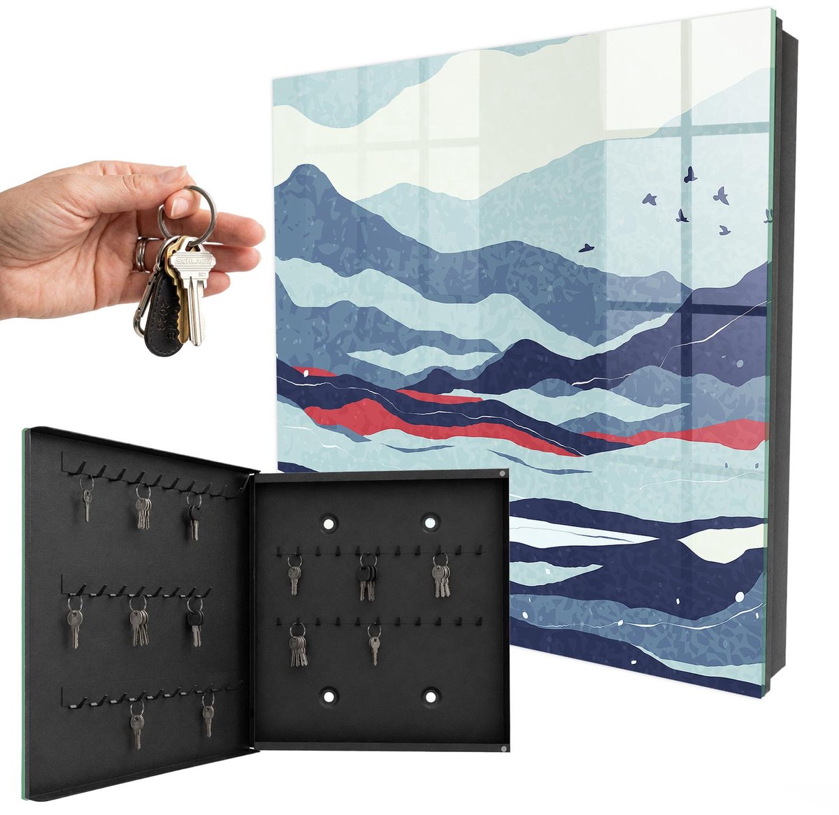WallMuralia - Sleutelkast - 30x30x5 cm - met 50 haken - Blauwe Golven Sleutelkastje - Blauw Sleutelbox - Linksopenend - Zwart interieur