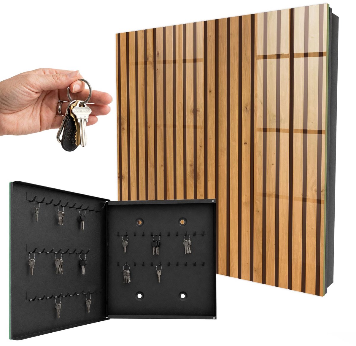 WallMuralia - Sleutelkast - 30x30x5 cm - met 50 haken - Houten Muur Sleutelkastje Industrieel - Bruin Sleutelbox - Linksopenend - Zwart interieur
