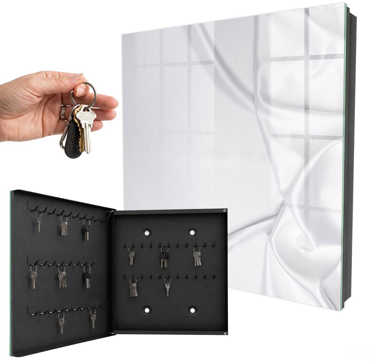 WallMuralia - Sleutelkast - 30x30x5 cm - met 50 haken - Satijnen Beddengoed Sleutelkastje - Wit Sleutelbox - Linksopenend - Zwart interieur