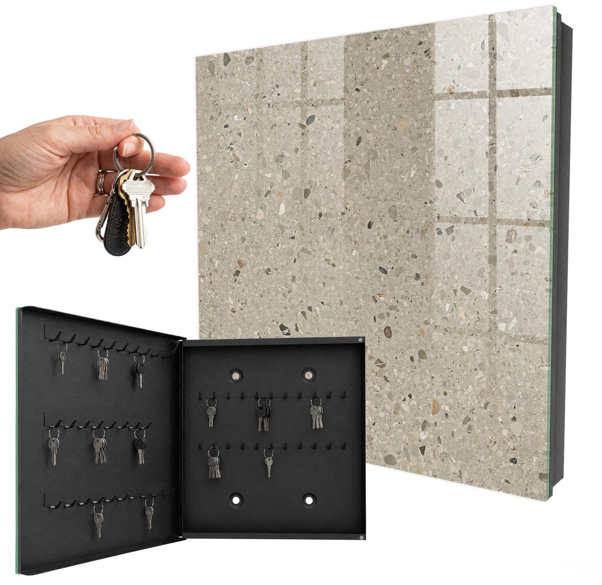 WallMuralia - Sleutelkast - 30x30x5 cm - met 50 haken - Kiezeltextuur Sleutelkastje Hal - Beige Sleutelbox - Linksopenend - Zwart interieur