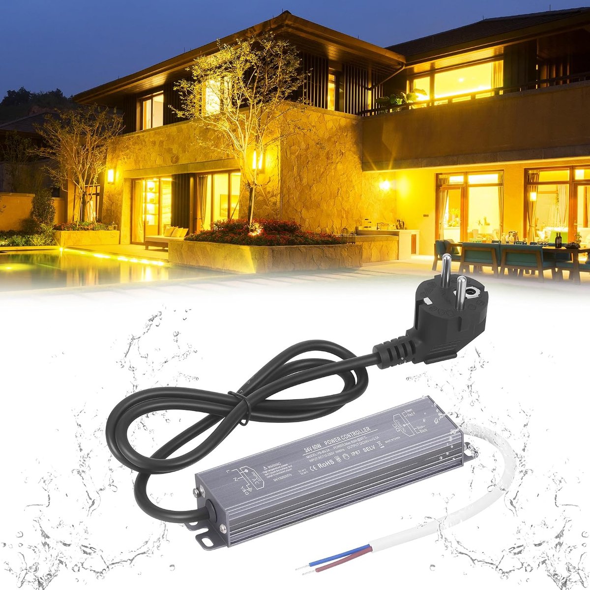 LED transformator 24V 2.5A 60W, IP67 waterdichte LED voeding driver met stekker, AC 100V~250V naar DC 24V transformator, constante spanning laagvolttransformator