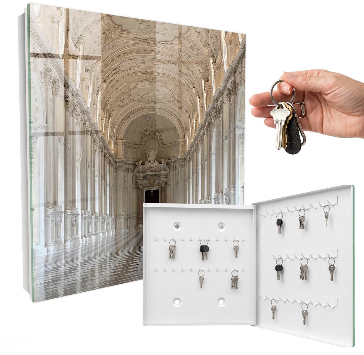 WallMuralia - Sleutelkast - 30x30x5 cm - met 50 haken - Klassieke Architectuur Sleutelkastje Gang - Beige Sleutelbox - Rechtsopenend - Wit interieur