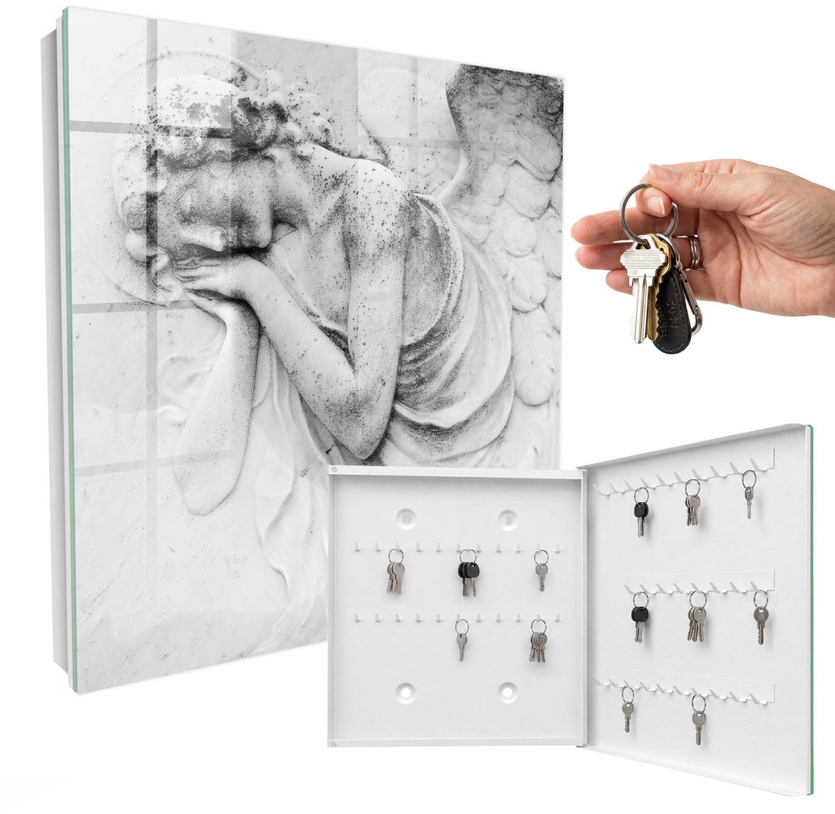 WallMuralia - Sleutelkast - 30x30x5 cm - met 50 haken - Engelenverlichting Sleutelkastje Voor Binnen - Wit Sleutelbox - Rechtsopenend - Wit interieur