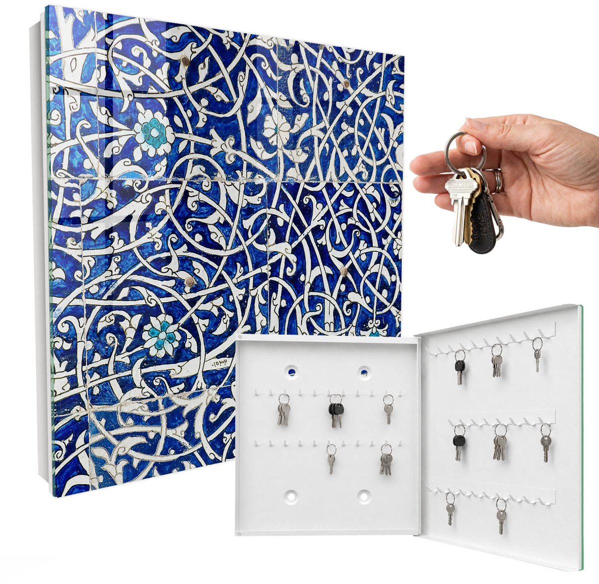 WallMuralia - Sleutelkast - 30x30x5 cm - met 50 haken - Blauwe Arabesk Leuk Sleutelkastje - Blauw Sleutelbox - Rechtsopenend - Wit interieur