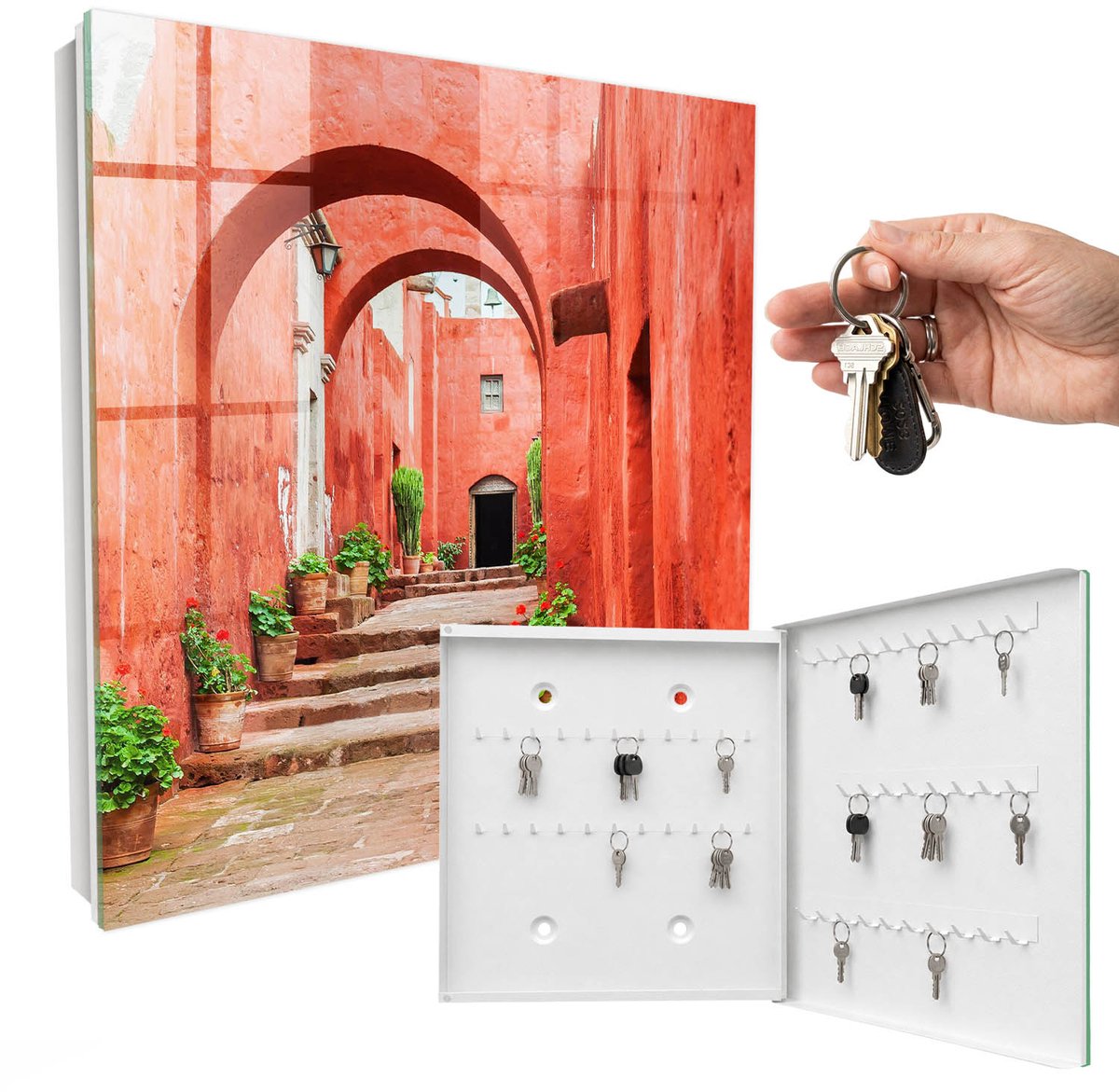 WallMuralia - Sleutelkast - 30x30x5 cm - met 50 haken - Rode Straat Design Sleutelkastje - Rood Sleutelbox - Rechtsopenend - Wit interieur