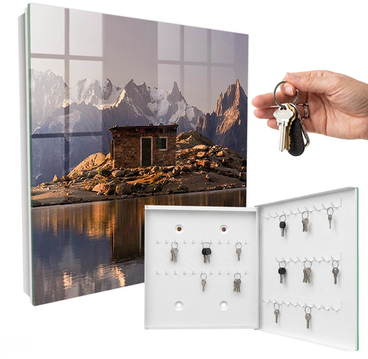 WallMuralia - Sleutelkast - 30x30x5 cm - met 50 haken - Bergvrede Sleutelkastje Klein - Bruin Sleutelbox - Rechtsopenend - Wit interieur