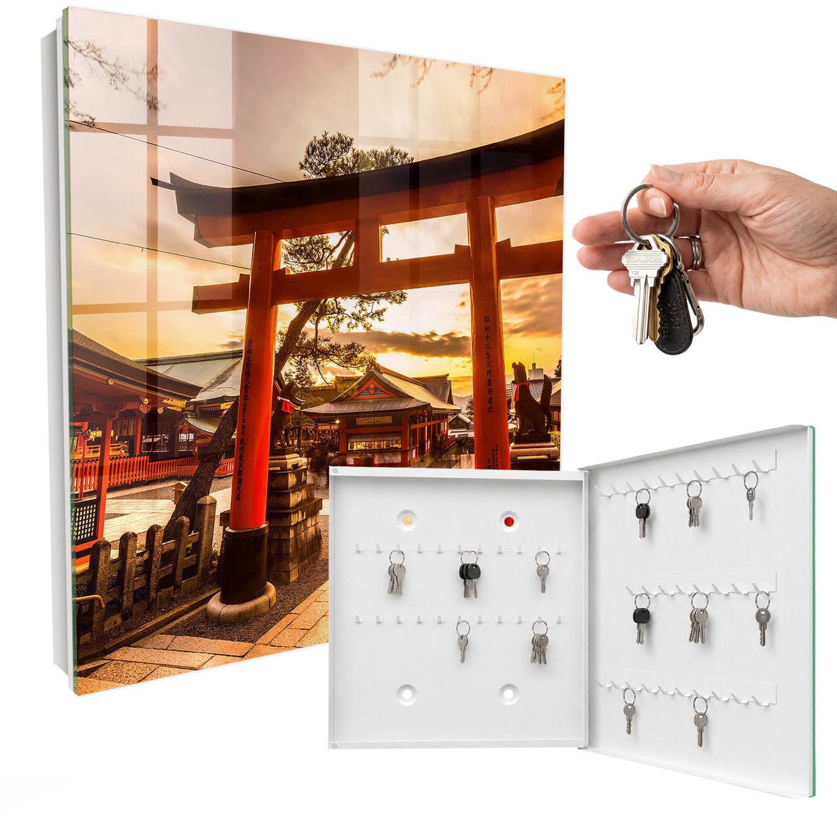 WallMuralia - Sleutelkast - 30x30x5 cm - met 50 haken - Japanse Poort Sleutelkastje Binnen - Oranje Sleutelbox - Rechtsopenend - Wit interieur