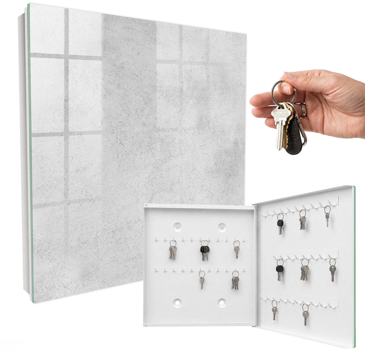 WallMuralia - Sleutelkast - 30x30x5 cm - met 50 haken - Grijze Textuur Sleutelkastje Binnen - Grijs Sleutelbox - Rechtsopenend - Wit interieur