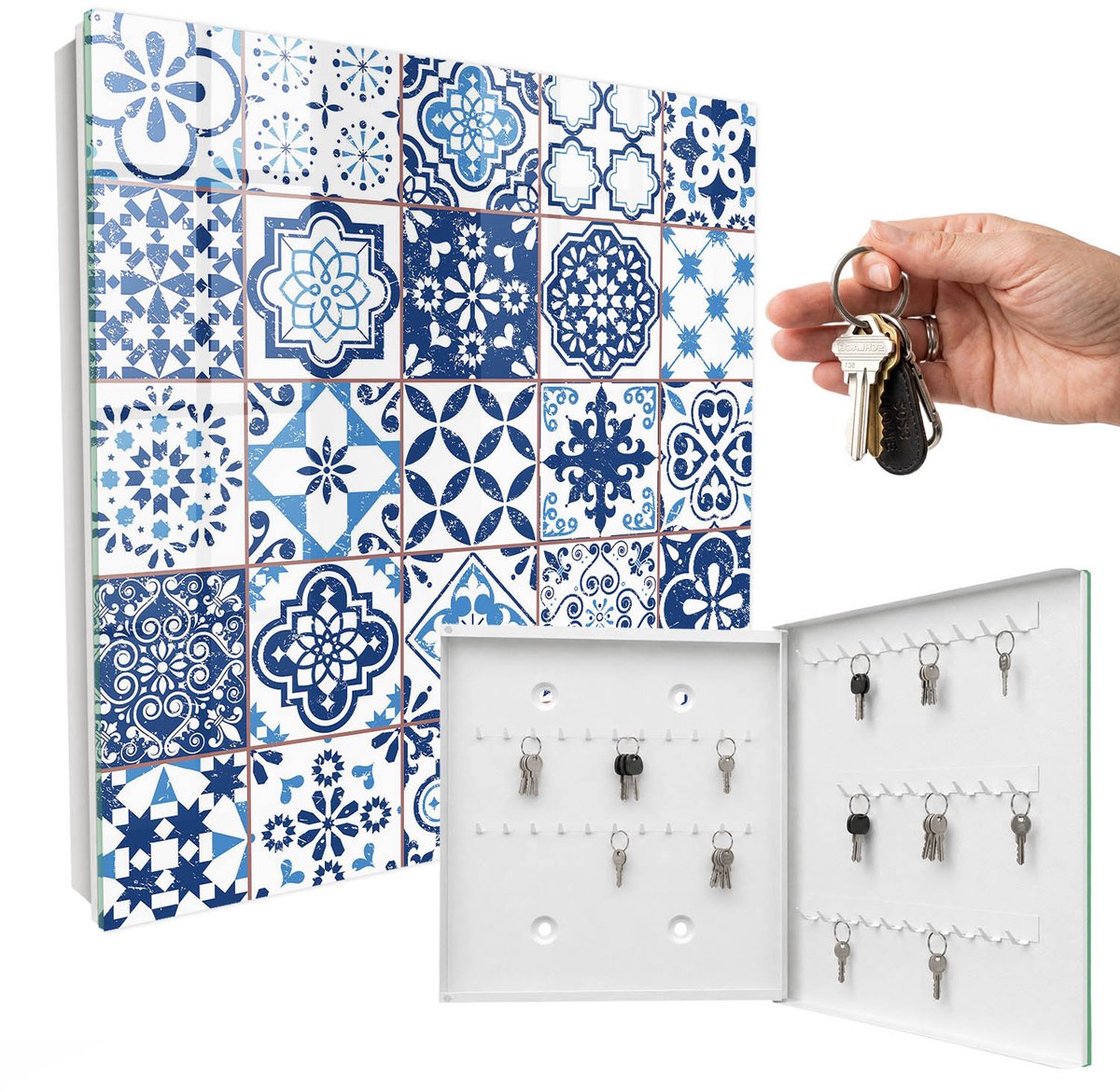 WallMuralia - Sleutelkast - 30x30x5 cm - met 50 haken - Blauwe Tegels Sleutelkastje Voor Binnen - Blauw Sleutelbox - Rechtsopenend - Wit interieur