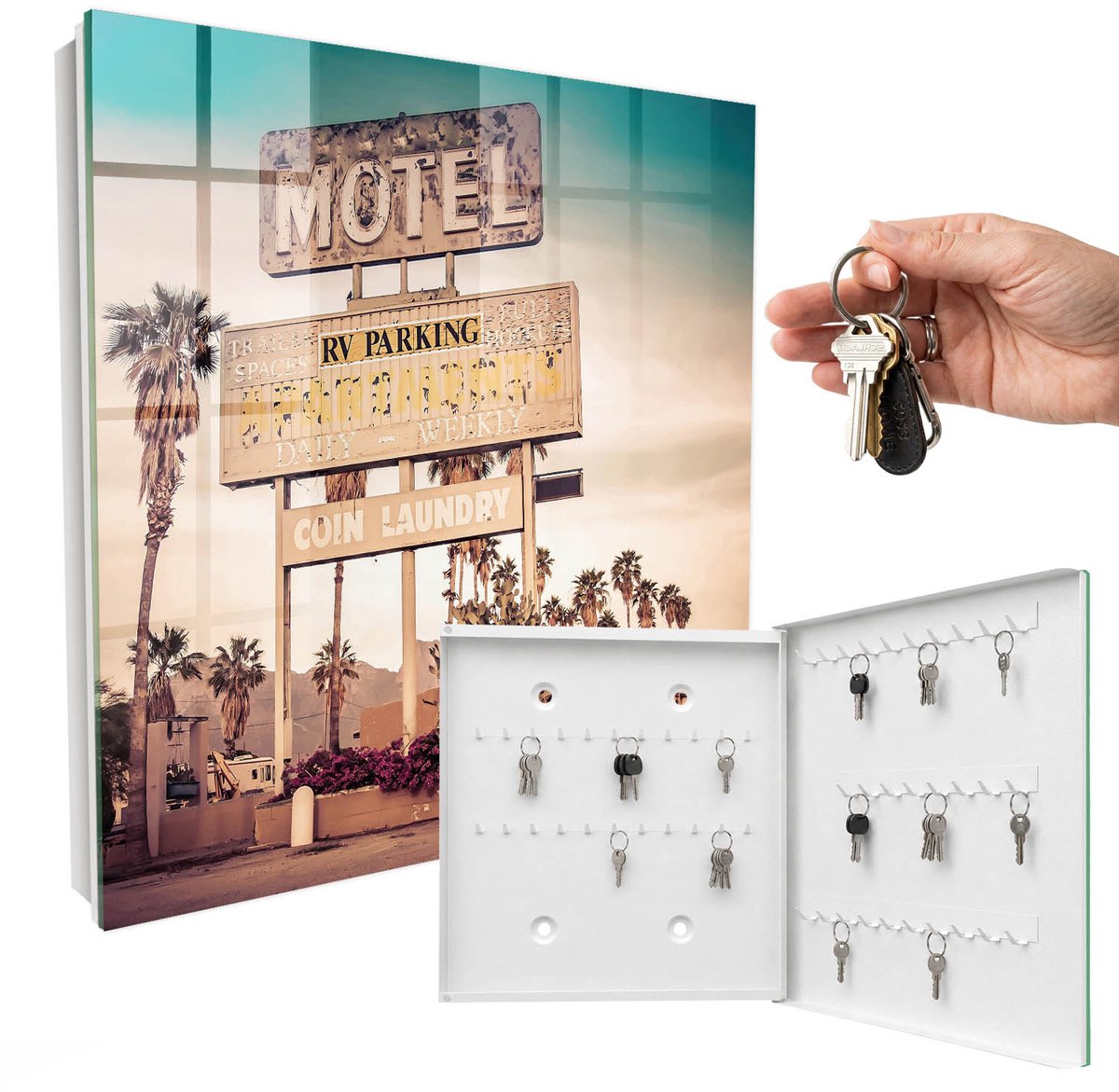 WallMuralia - Sleutelkast - 30x30x5 cm - met 50 haken - Retro Motel Leuk Sleutelkastje - Beige Sleutelbox - Rechtsopenend - Wit interieur