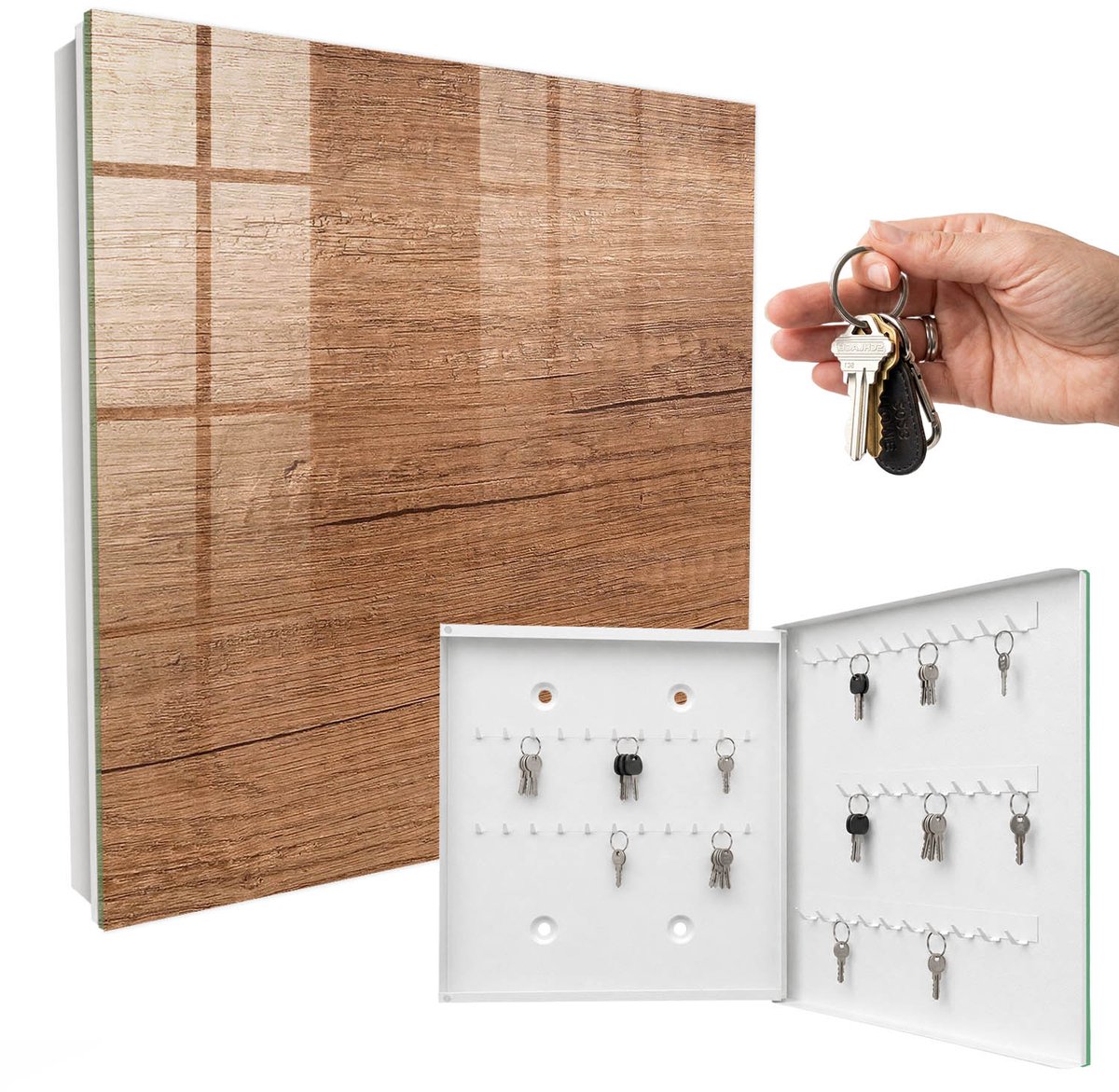 WallMuralia - Sleutelkast - 30x30x5 cm - met 50 haken - Houtstructuur Sleutelkastje Modern - Bruin Sleutelbox - Rechtsopenend - Wit interieur
