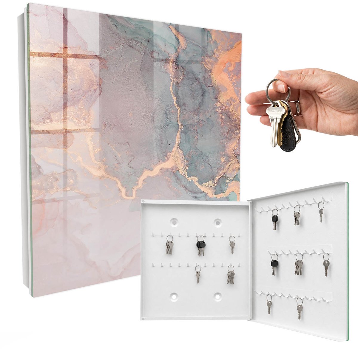 WallMuralia - Sleutelkast - 30x30x5 cm - met 50 haken - Subtiele Elegantie Sleutelkastje Design - Roze Sleutelbox - Rechtsopenend - Wit interieur