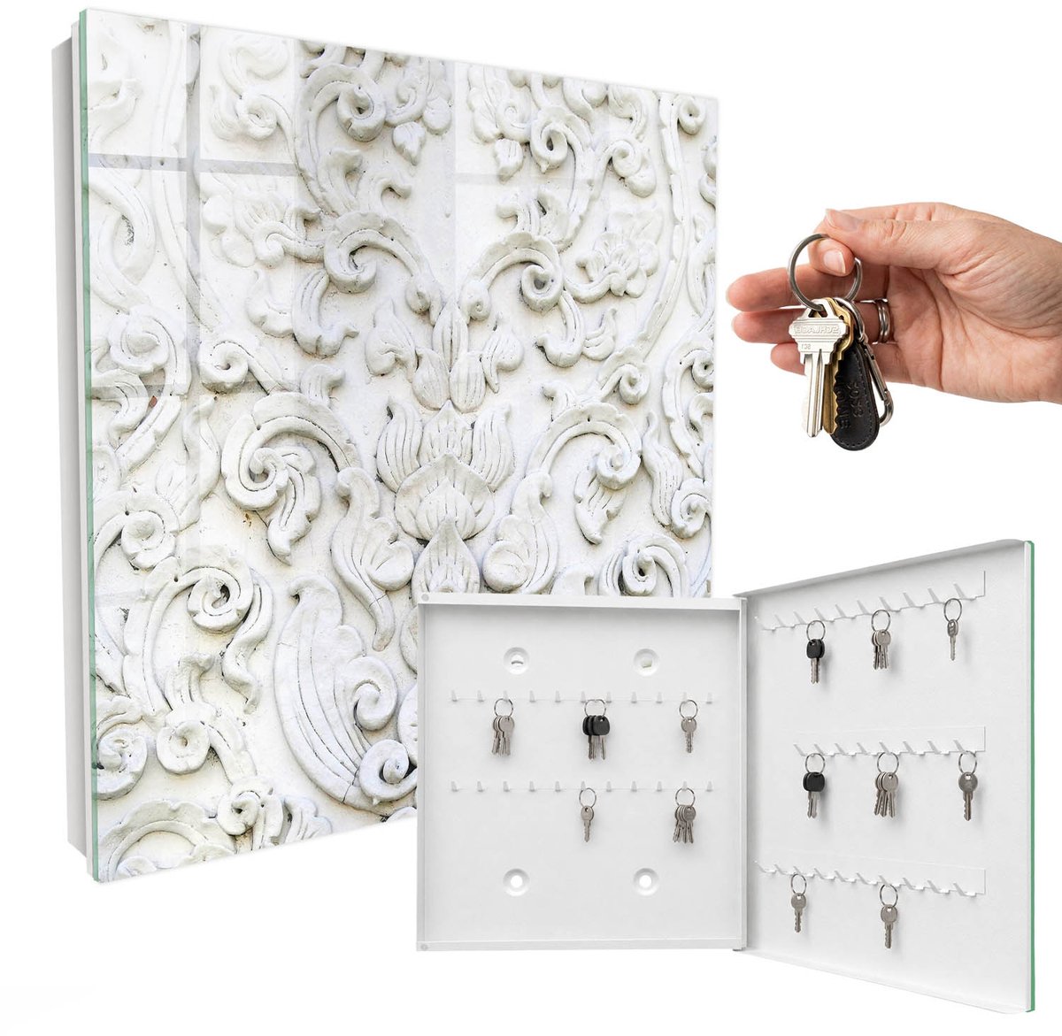 WallMuralia - Sleutelkast - 30x30x5 cm - met 50 haken - Witte Ornamenten Sleutelkastje Landelijk - Wit Sleutelbox - Rechtsopenend - Wit interieur