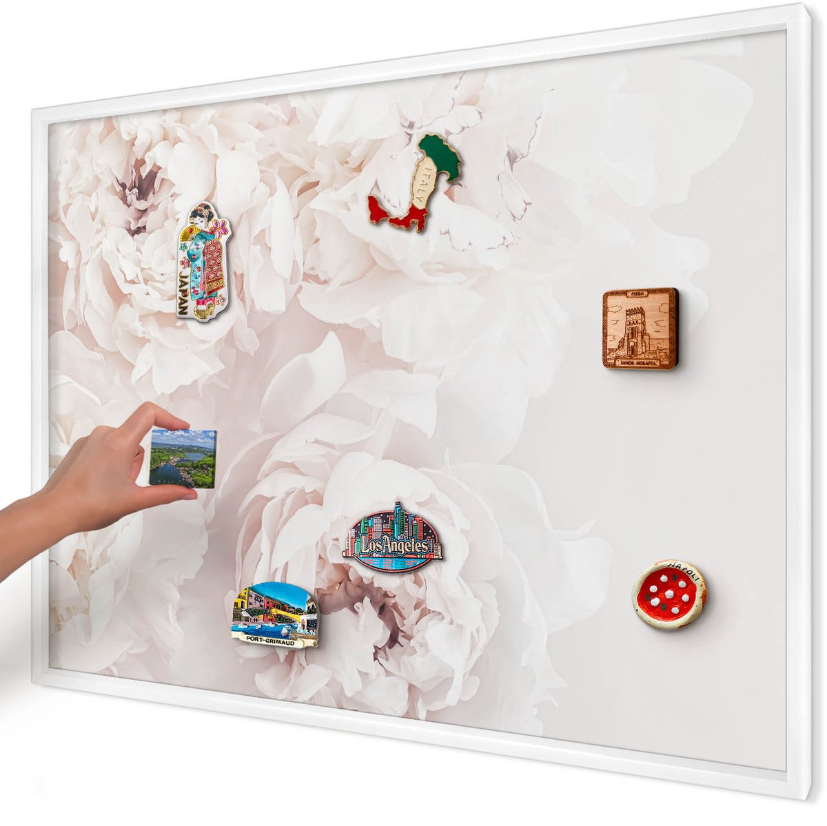 Artprintcave Wit Magneetbord mit Witte Lijst - 100x70 cm - Witte Pioenrozen Magneetbord Voor Keuken - Minimalist Magnetische Organizer - Bloemen En Planten