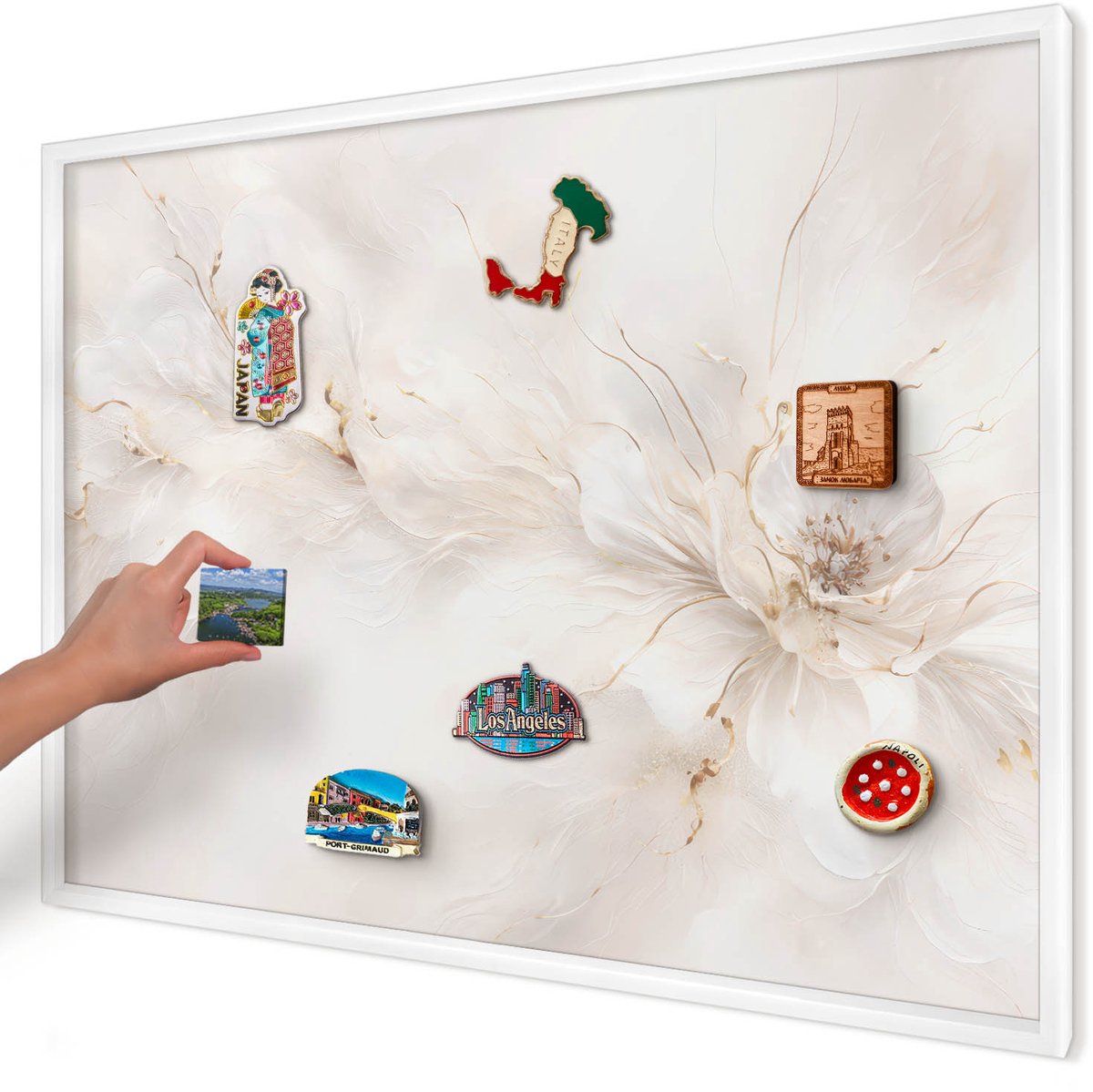 Artprintcave Romig Magneetbord mit Witte Lijst - 100x70 cm - Bloemige Elegantie Wandbord Magnetisch - Schilderachtig Memobord Keuken - Bloemen En Planten