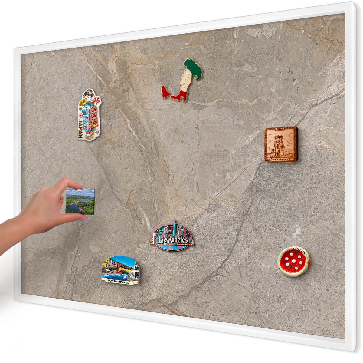 Artprintcave Grijs Magneetbord mit Witte Lijst - 100x70 cm - Beige Steen Magnetisch Bord Voor Magneten - Modern Magneetbord Voor Keuken - Texturen