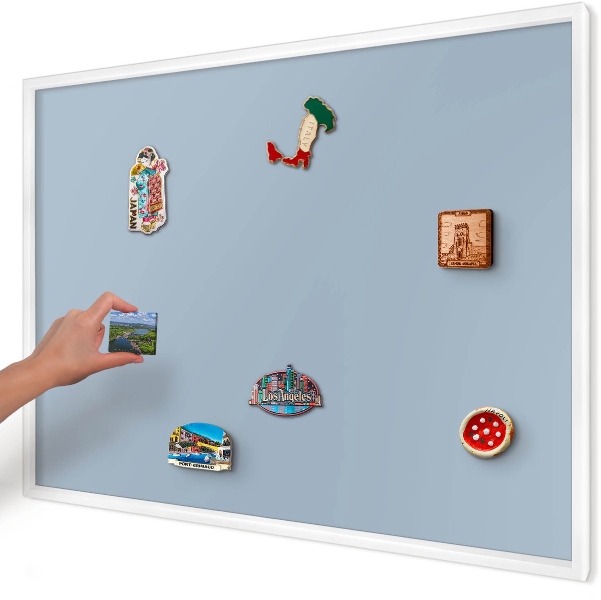 Artprintcave Blauw Magneetbord mit Witte Lijst - 100x70 cm - Pastelblauw Magneet Bord mit Frame - Minimalist Memobord Keuken - Achtergronden En Patronen